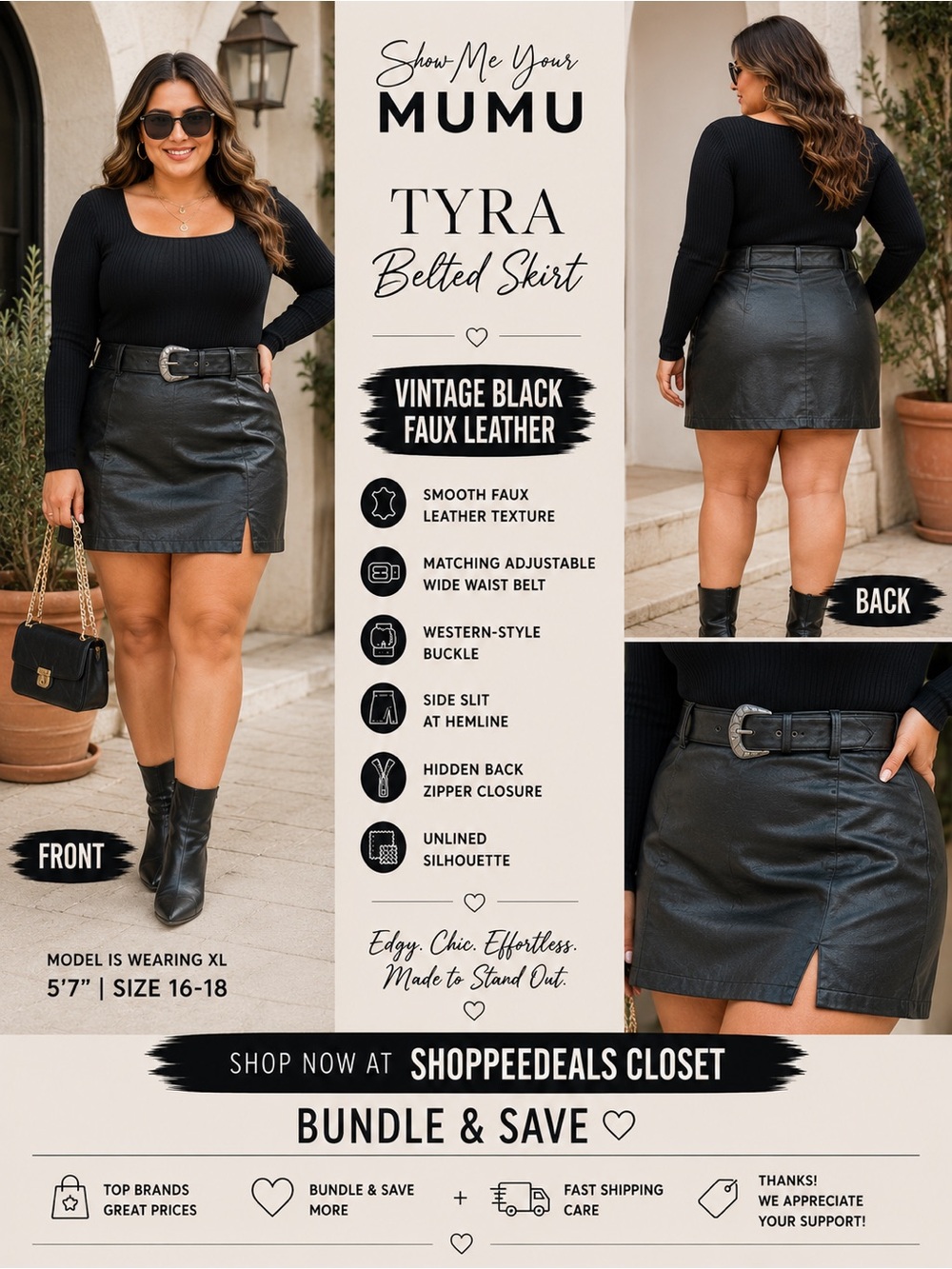 Show Me Your Mumu Tyra Belted Faux Leather Mini Skirt – Vintage Black – NWT